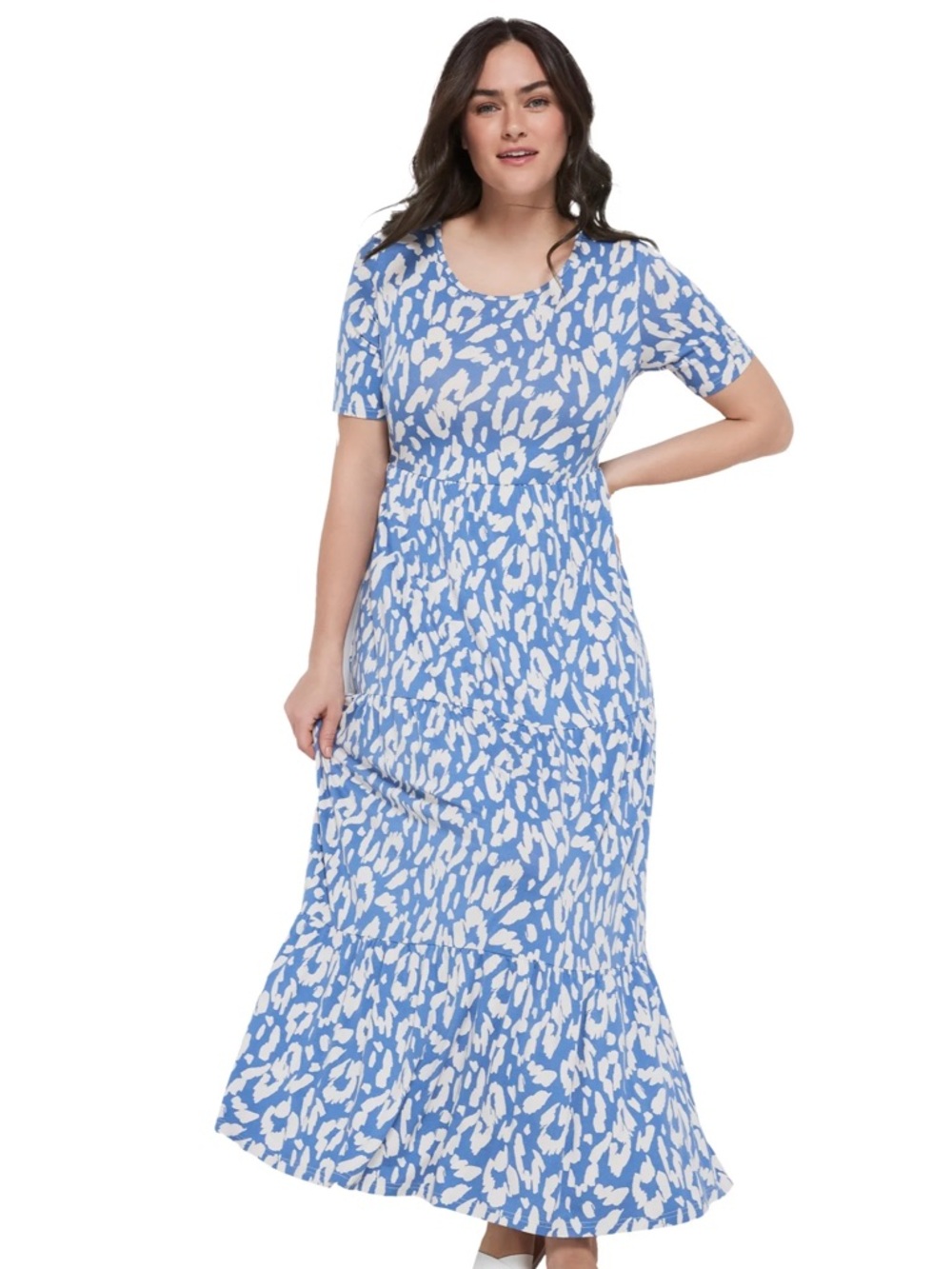 ellos Size 26/28 Blue and White Boho Casual Printed Tiered Maxi Dress